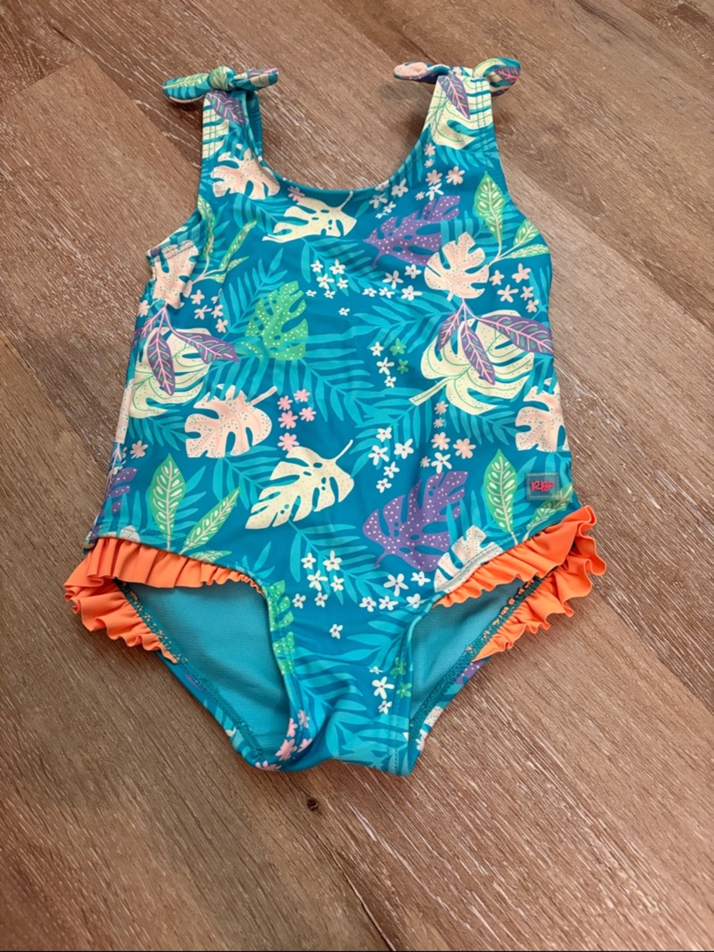 Ruffle Butts Teal Tropical One-Piece Swimsuit with Orange Ruffle